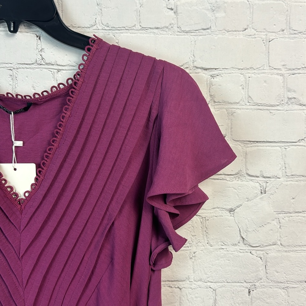 BloomChic Purple Pleated V Neck Pocket Midi Dress Plus Size 1X - Picture 3 of 6